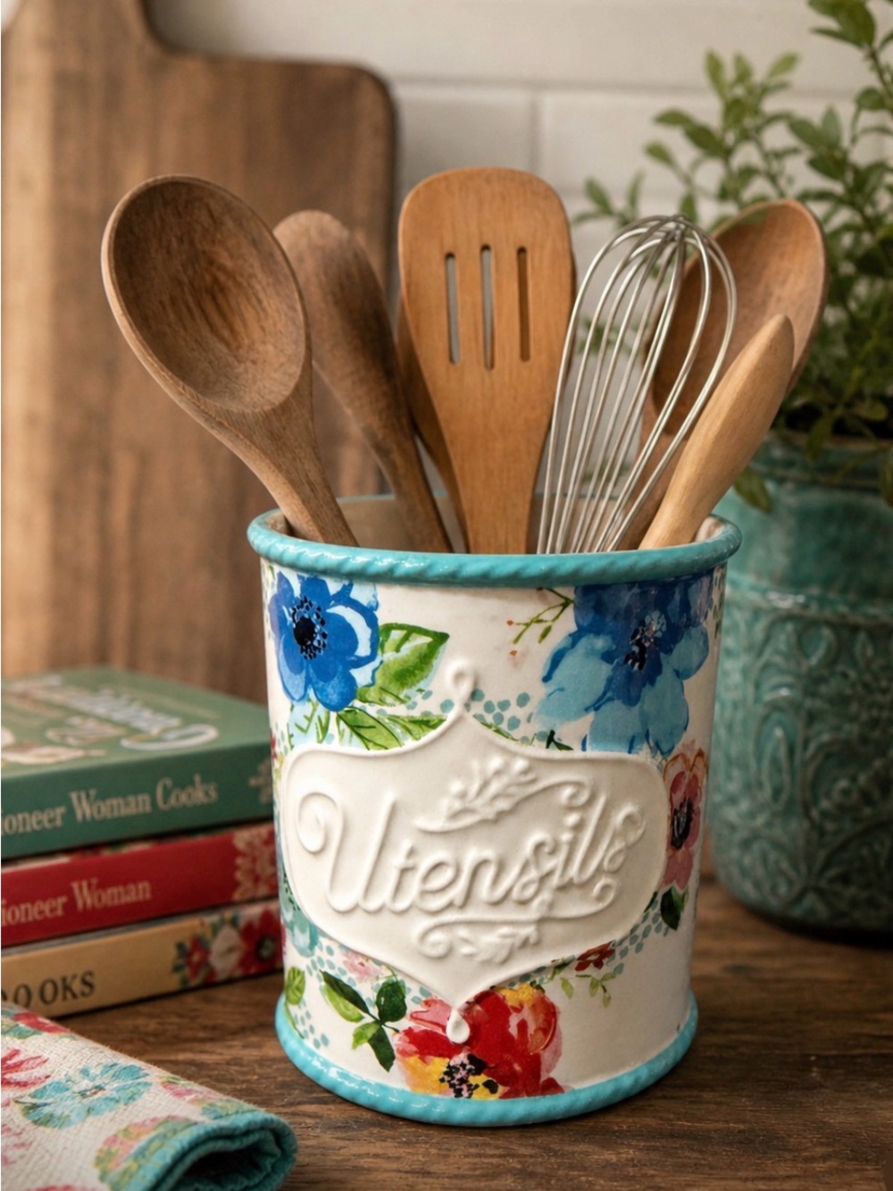 The Pioneer Woman Melody Floral Utensil Holder Crock in a vintage style, 5.5 in